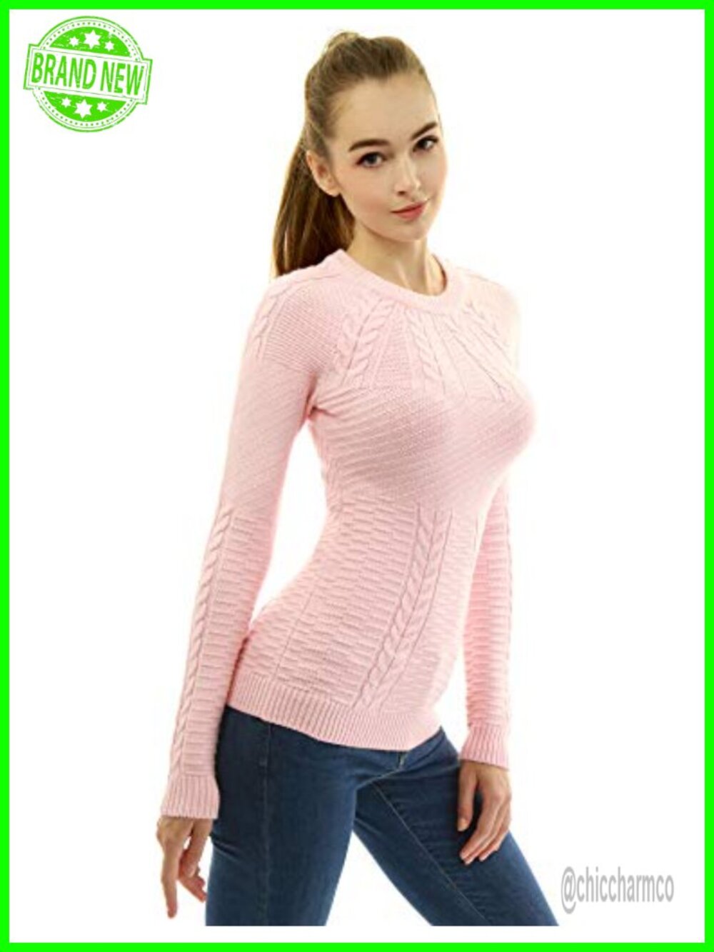 Women Cable Knit Crewneck Raglan Long Sleeve Sweater Pullover
